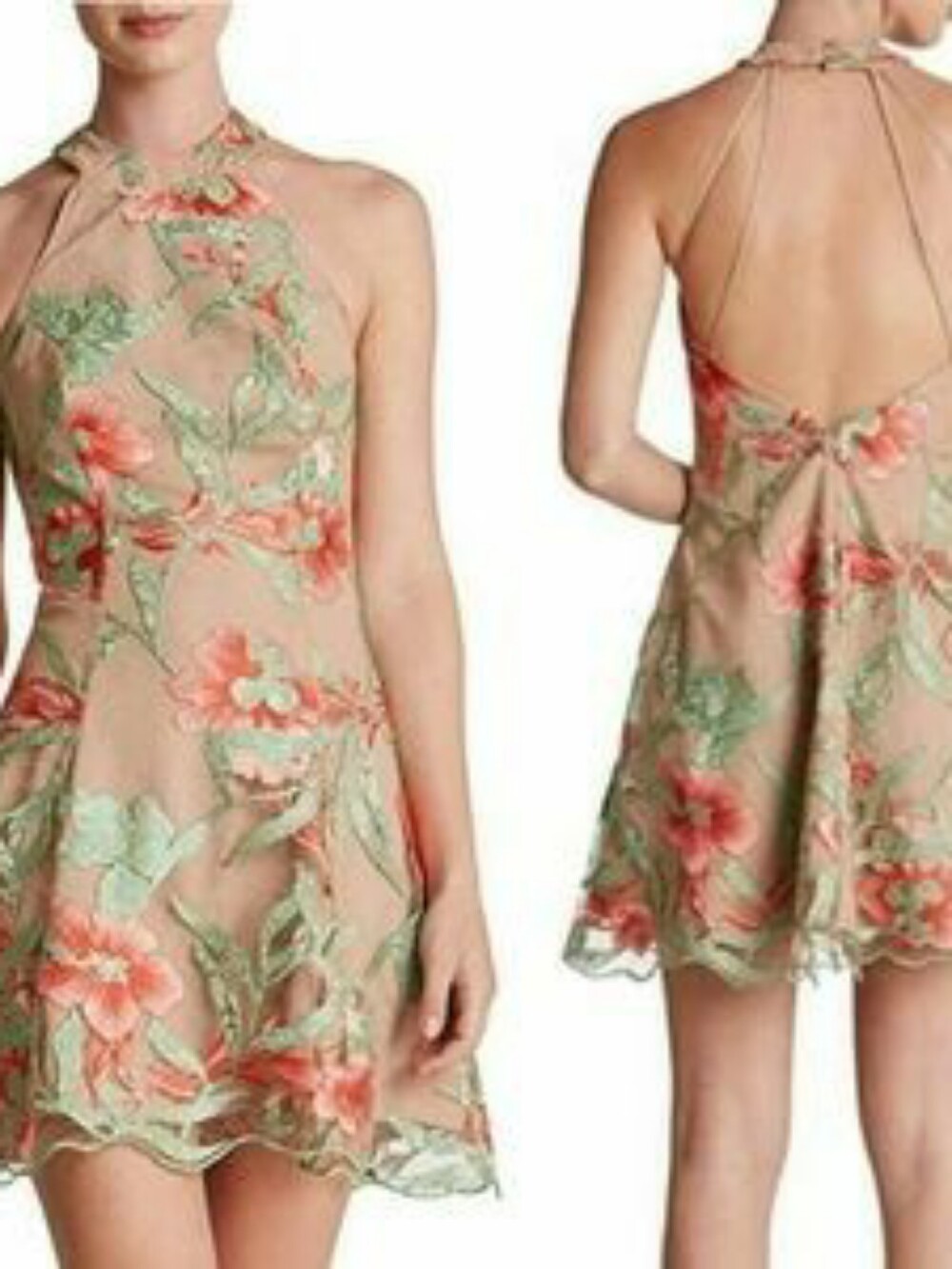 Dress The Population Abbie Floral Halter Dress Skater Coral Beige Lace Medium - Picture 2 of 11